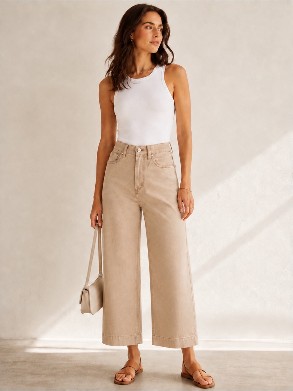 PAIGE Anessa High Rise Cropped Wide Leg Jeans Beige Size 24